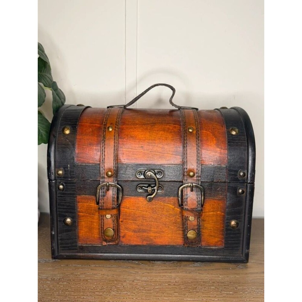 Rustic Wooden Treasure Chest Storage Box Pirate Trunk Leather Straps 12 Inch